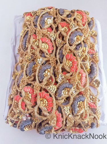 Hand Embroidered Lace Trim In Grey and Orange Floral Embroidery, Gold Sequins and Antique Gold Zardozi, Wedding
